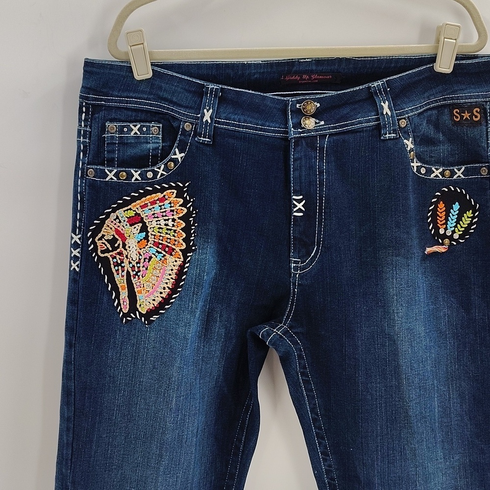 Giddy Up Glamour Native American headdress bootcut jeans 14 stretch embroidery
